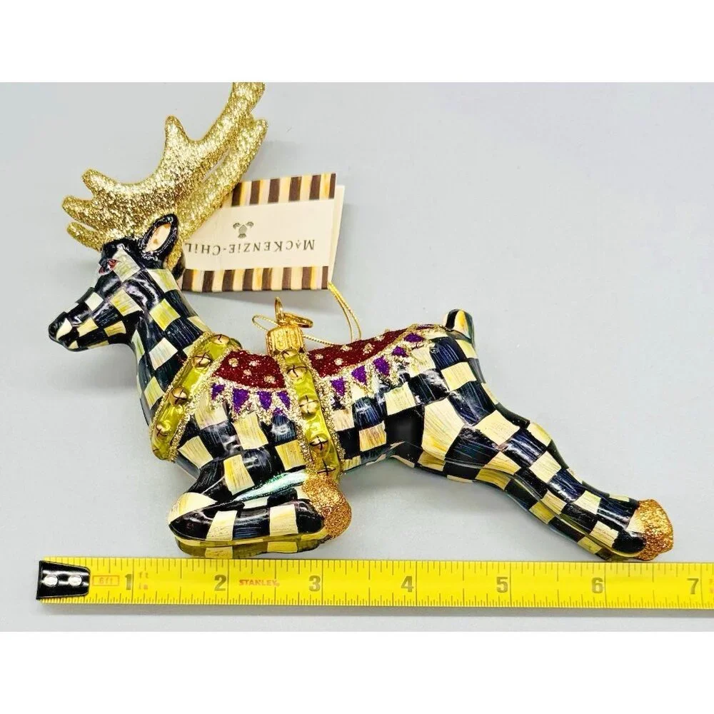 Mackenzie‎ Childs Prancer Reindeer Glass Christmas Ornament Courtly Checks Box
